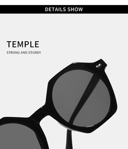 Close-up of durable hinge and temple design on glossy black retro sunglasses