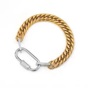 Detailed shot of gold Cuban chain links joined by a silver screw-lock carabiner clasp