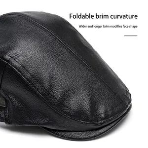 Black leather flat cap with wide foldable brim for men, stylish textured faux sheepskin
