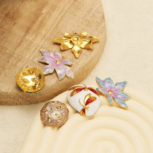 Gold-plated stainless steel flower and dragonfly enamel pendants for DIY necklaces