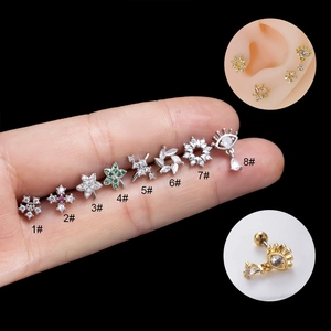 Set of stainless steel stud earrings featuring zircon-encrusted flowers and star shapes