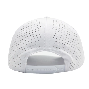 White quick-dry breathable baseball cap featuring laser-cut vents and adjustable snapback