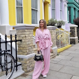 Women pink casual safari set with long sleeve drawstring shirt and wide leg pants