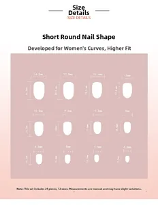 Size chart showing 12 sizes of short round press-on nails with width and length in mm