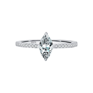 S925 sterling silver ring featuring a sparkling marquise-cut moissanite on a white background