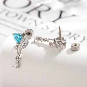 Exquisite heart-shaped blue zircon wing stud earrings in polished stainless steel