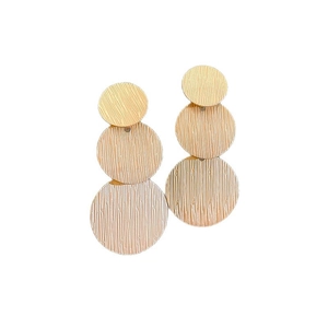 Golden brushed metal triple circle dangle earrings with a minimalist geometric texture