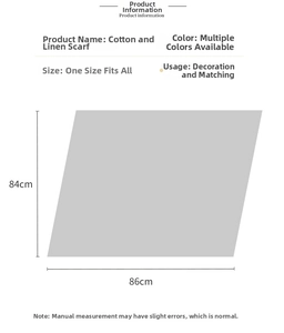 Size chart showing 84x86cm dimensions for the cotton linen irregular patchwork scarf