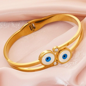 Stainless Steel Evil Eye Bangle Gold Plated Double Wire Zircon Spring Opening Fashion Jewelry