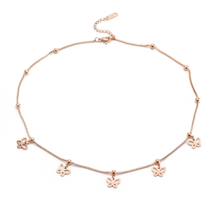 Rose gold stainless steel box chain necklace featuring five hollow butterfly pendants