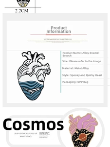 Detail view of 2.2cm enamel pins featuring creative ocean whale and cosmic planet heart designs