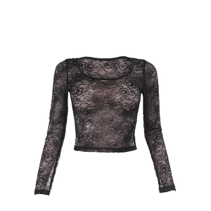 Haut court sexy en dentelle noire à manches longues avec motif floral transparent chic