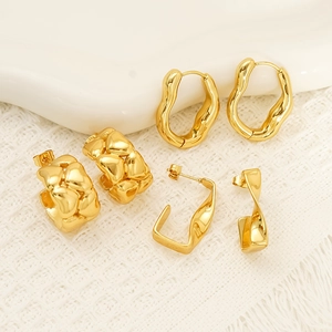 Three pairs of gold irregular liquid metal and twisted geometric earrings set for women