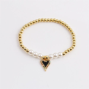 Gold bead pearl bracelet featuring a black heart enamel pendant with zircons for women
