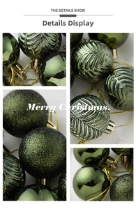 Detail of dark green Christmas balls with embossed leaf, glitter, and glossy finishes