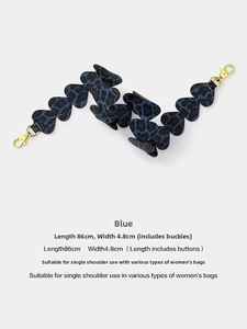 Blue leopard print heart-shaped bag strap with gold metal hooks, 86cm length and 4.8cm width