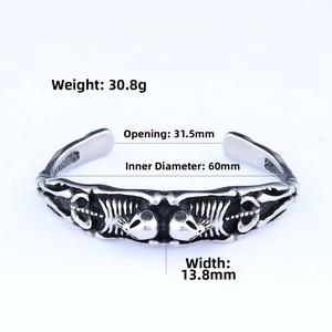 Detailed dimensions of the vintage skeleton steel bangle with size and weight specs