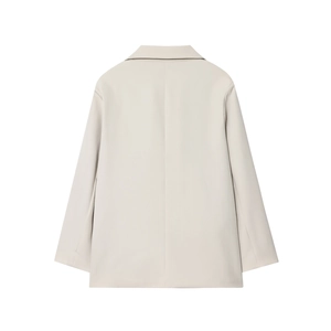 Back view of a sleek beige double-breasted blazer showing a clean tailored silhouette
