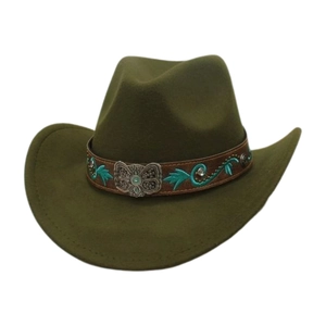 Olive green western cowboy hat with brown leather band and metal butterfly buckle ornament