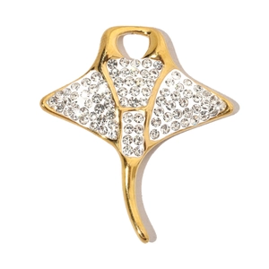 Detailed close-up of a golden manta ray pendant featuring sparkling pavé crystals