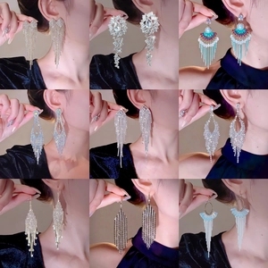 Exaggerated Long Tassel Dangle Earrings Zinc Alloy Rhinestone Copper Earring Post Elegant Party Dinner Jewelry For Women