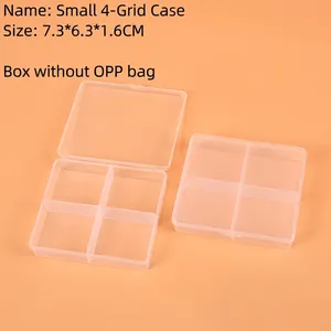 Detail of 4-grid clear plastic storage box with hinged lid, size 7.3x6.3x1.6cm