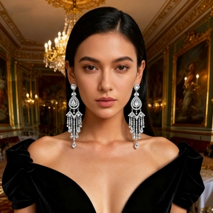 Close-up of elegant long silver tassel flower earrings with rhinestones on a model