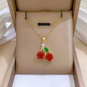 Cherry Pendant Necklace Titanium Steel Chain Copper Micro Paved Red Green Zirconia Luxury Clavicle Jewelry For Women