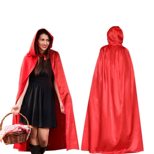 Glossy red hooded satin cloak for Halloween costumes, full-length front and back views