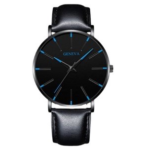 Minimalist black Geneva quartz watch with blue indices and a sleek leather strap on white