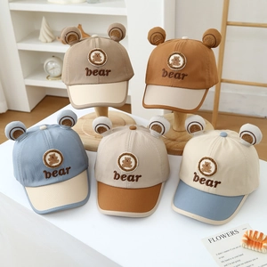 Baby Cotton Baseball Cap With Plush Bear Ears Cute Embroidery Contrast Color Sun Protection Outdoor Hat For Toddlers
