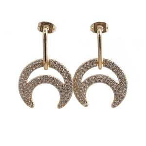 Elegant gold crescent moon earrings with cubic zirconia stones in minimalist style