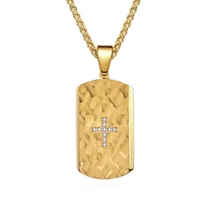 Dog Tag Necklace Stainless Steel Rectangular Hammered Texture Pendant Rhinestone Cross Military Style For Men Women