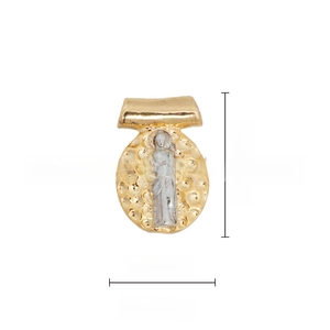 Detailed view of religious 18k gold pendant with 13.5mm height and 1.5g weight metrics