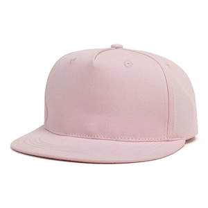 Detail of pink five-panel baseball cap showing cotton twill texture and flat brim edge