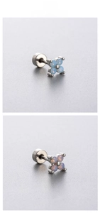 Detailed view of flower helix stud with blue opal stones and secure screw back design