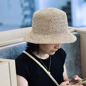 Women Raffia Grass Bucket Hat Hand Woven Crochet Sun Protection Foldable Summer Vacation Travel Beach Flat Top Casual