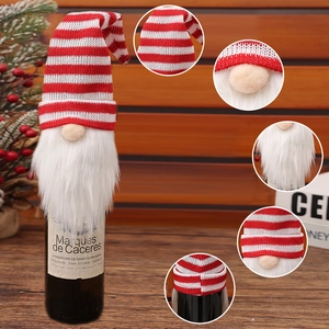 Christmas gnome wine bottle cover with red striped knit hat and white plush beard decor