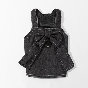 Black denim dog dress with bow decoration and D-ring harness for small pets