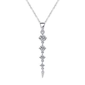 S925 sterling silver necklace featuring four graduated round clear stones with a cone pendant