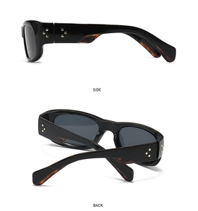 Side and back view of black sunglasses with tortoiseshell temples and gold star rivets