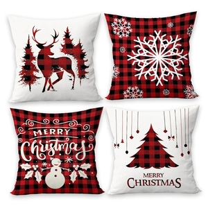 4er-Set Weihnachts-Kissenbezüge mit Karomuster und Elch-Motiven für die Dekoration