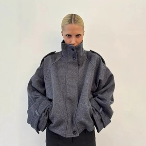 Women's minimalist loose fit dark grey wool blend jacket with stylish high stand collar
