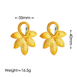 Detail view of gold fan-shaped earrings with clear gems and size markers 35x40mm