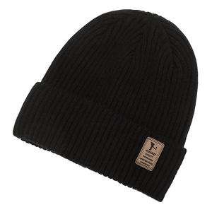 Classic black ribbed knit beanie with brown leather EDIKO patch on a white background