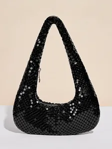 Elegant black sequin hobo underarm bag with shimmering metallic finish and sleek zipper