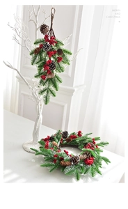 Detailed Christmas wreath and swag set with frosted pine needles, cones and red berries
