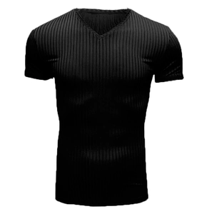 Close-up of men's black V-neck t-shirt featuring a detailed ribbed texture and slim fit design