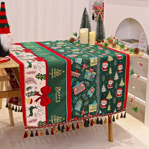 Christmas Table Runner Chenille Jacquard Santa Snowman Print Tassels Holiday Dining Decor Festive Home Party