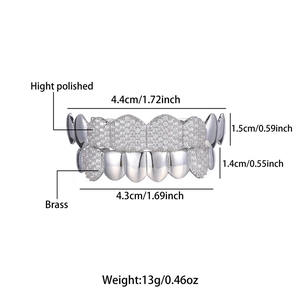 High polished silver hip hop grillz set with cubic zirconia stones in brass